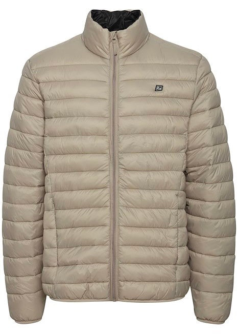 Stone coloured puffa jacket for men, showing front details.