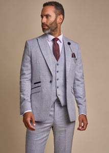 Caridi sky suit for men, showing sky men's suit jacket, sky men's waistcoat, and sky men's suit trousers.