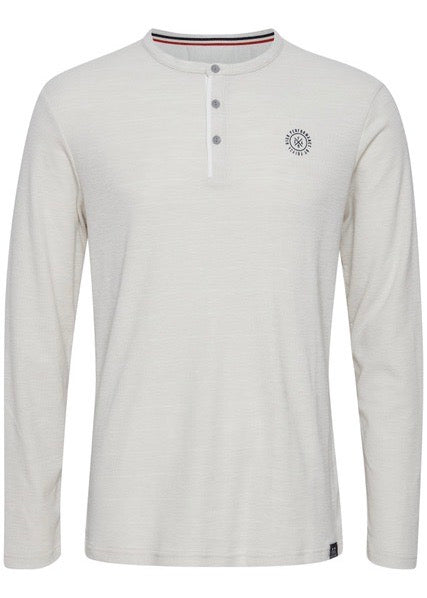 Grandad collar long sleeve tee in chalk, showing front details.