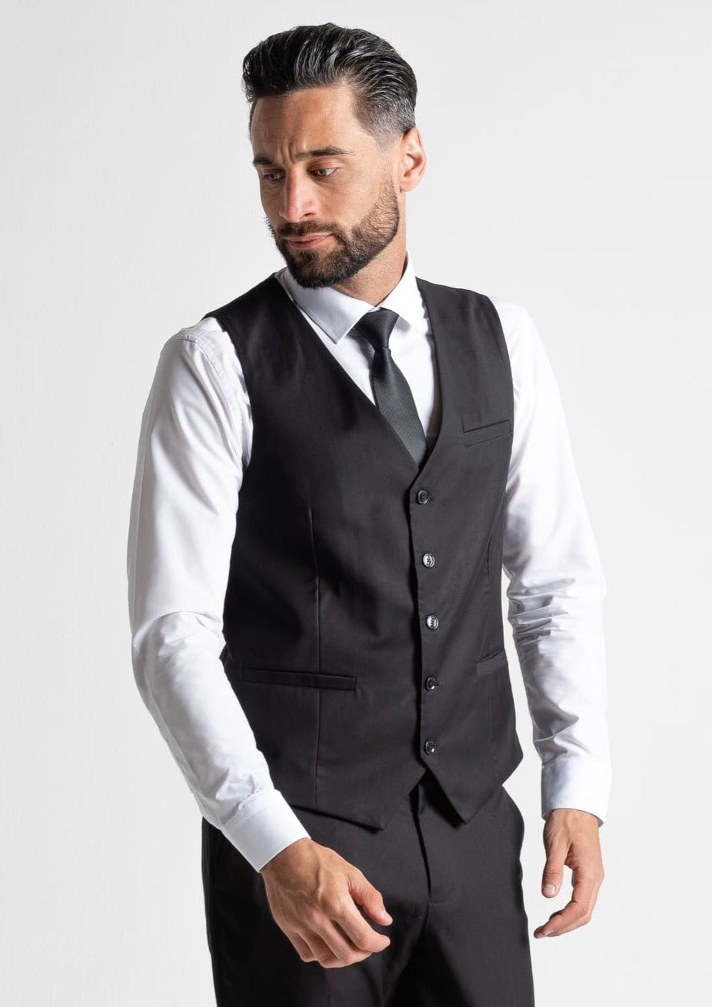 Haris black waistcoat, showing front details.