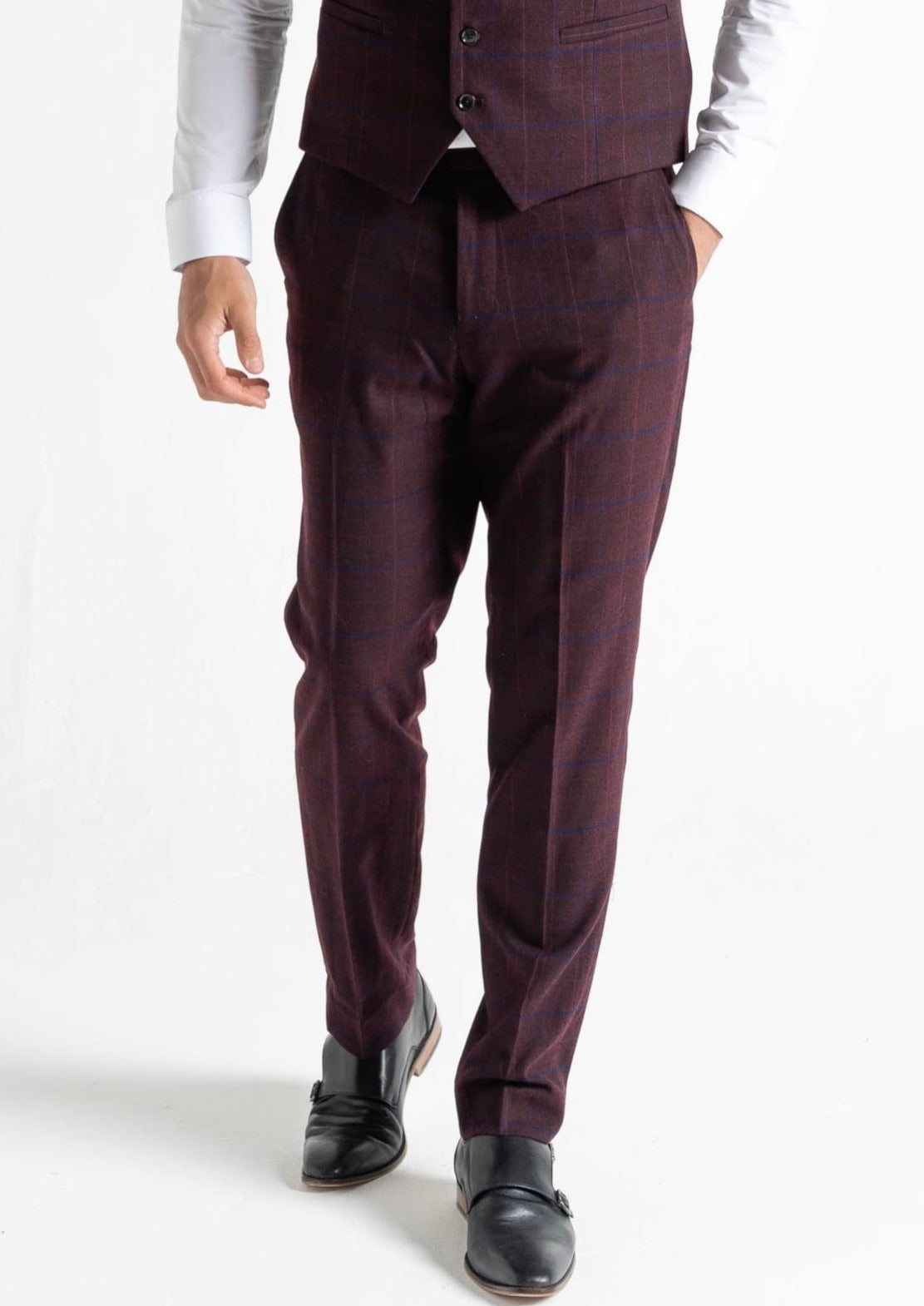 Kensington plum suit trousers for men, showing front details.