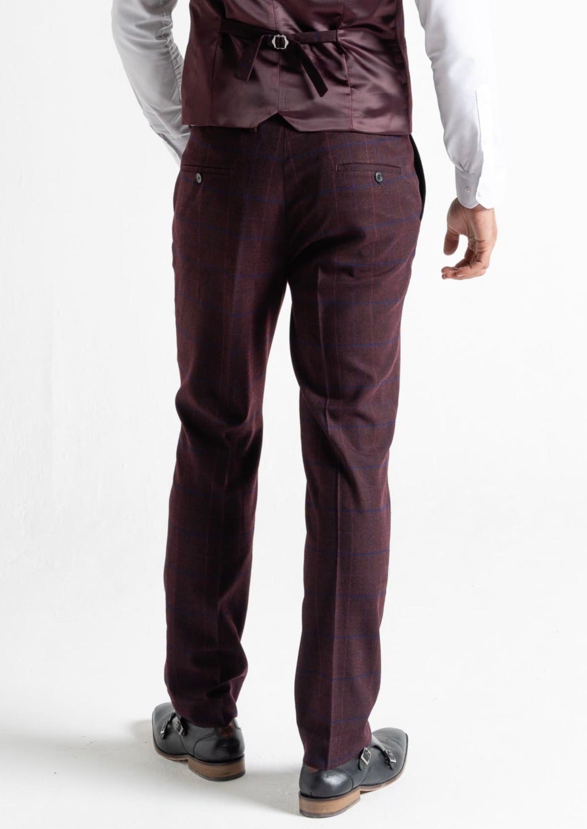 Kensington plum suit trousers for men, showing reverse details.
