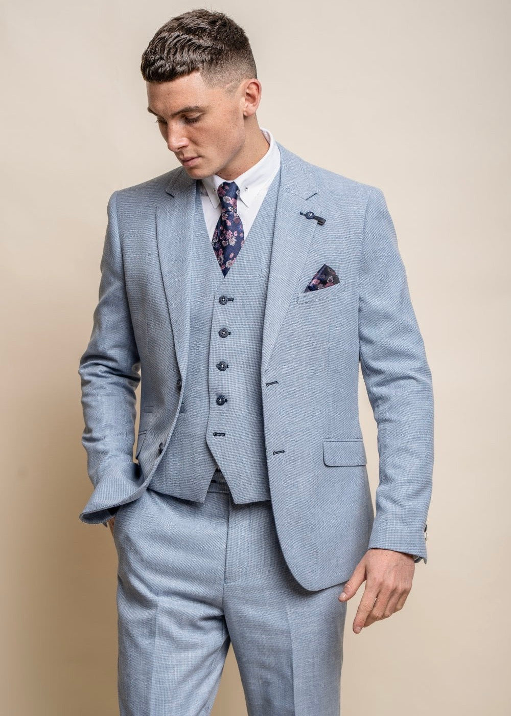 Miami sky blue suit for men, showing closer up suit front.