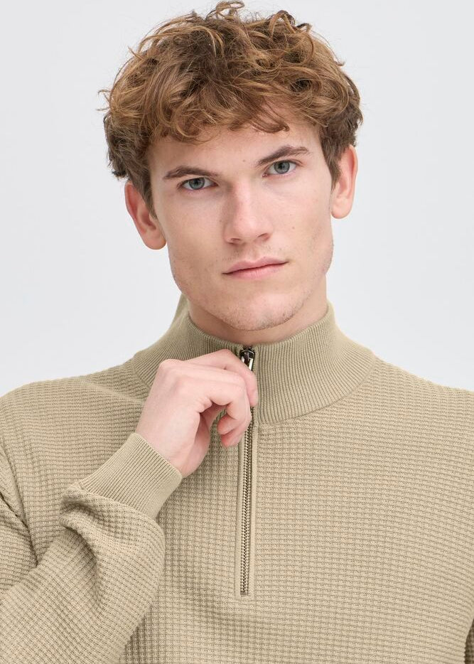 Quarter-Zip Waffle Knit Jumper Cream