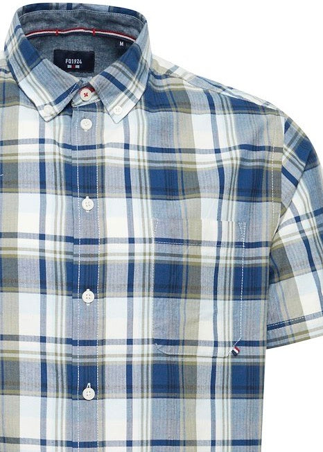 Short-Sleeve Cotton Men's Summer Shirt Blue Checked - Details