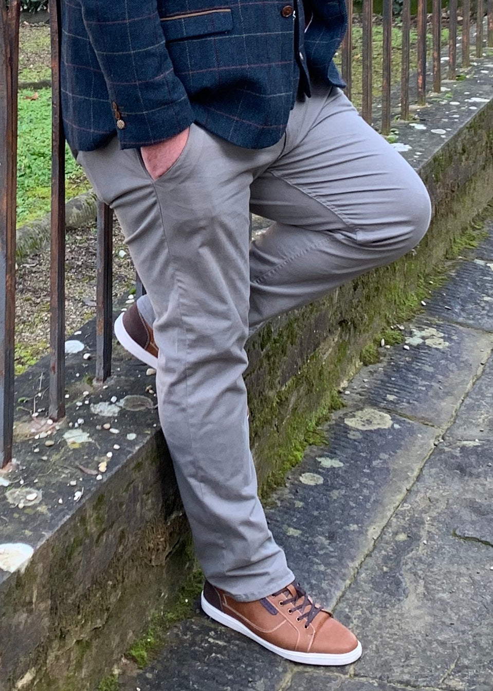 Chino Stretch Grey. Ideal trousers styled with traniners or shoes to give a casual informal weekend look.