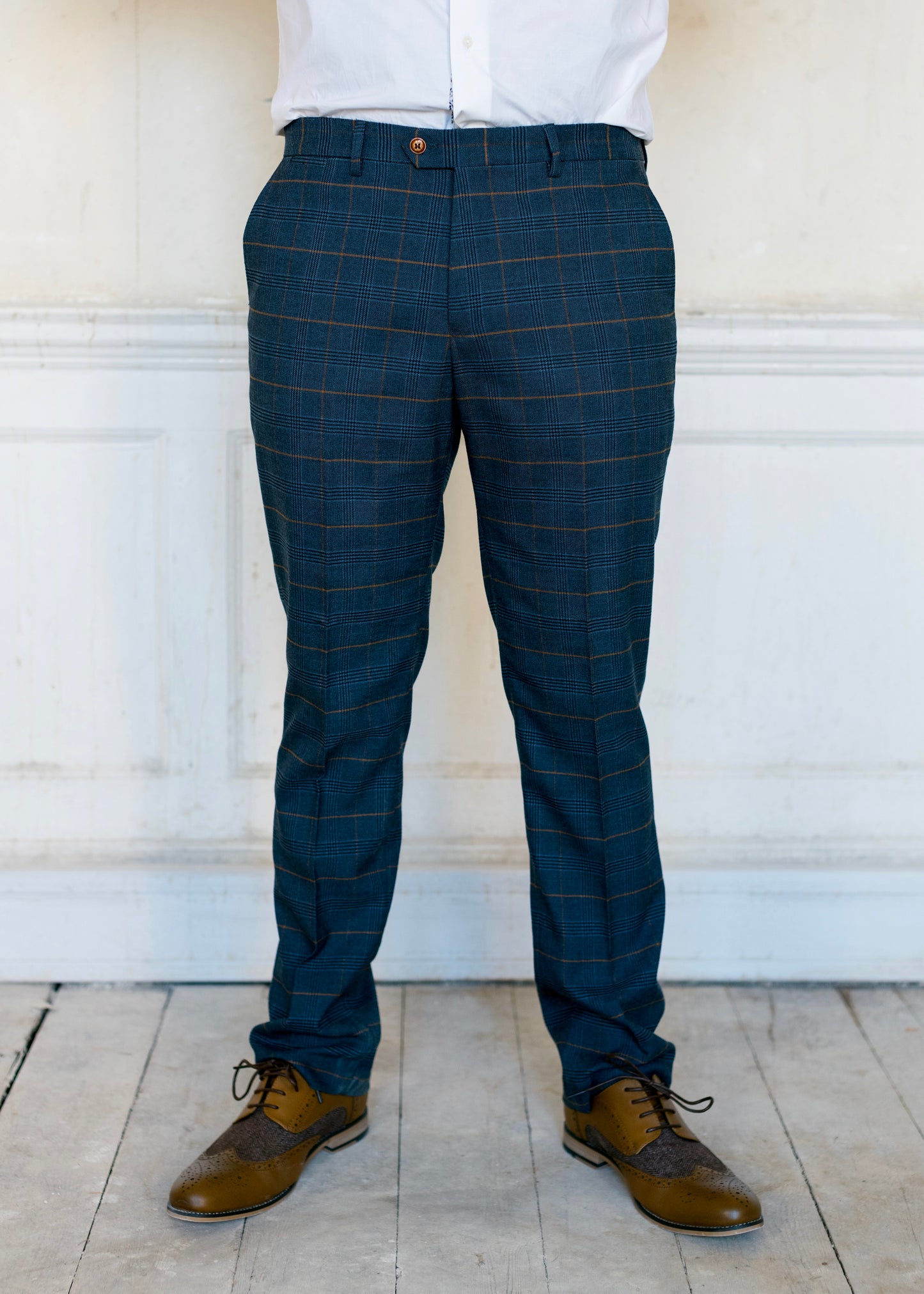 Marc Darcy Jenson Marine Checked Trousers with brown shoes