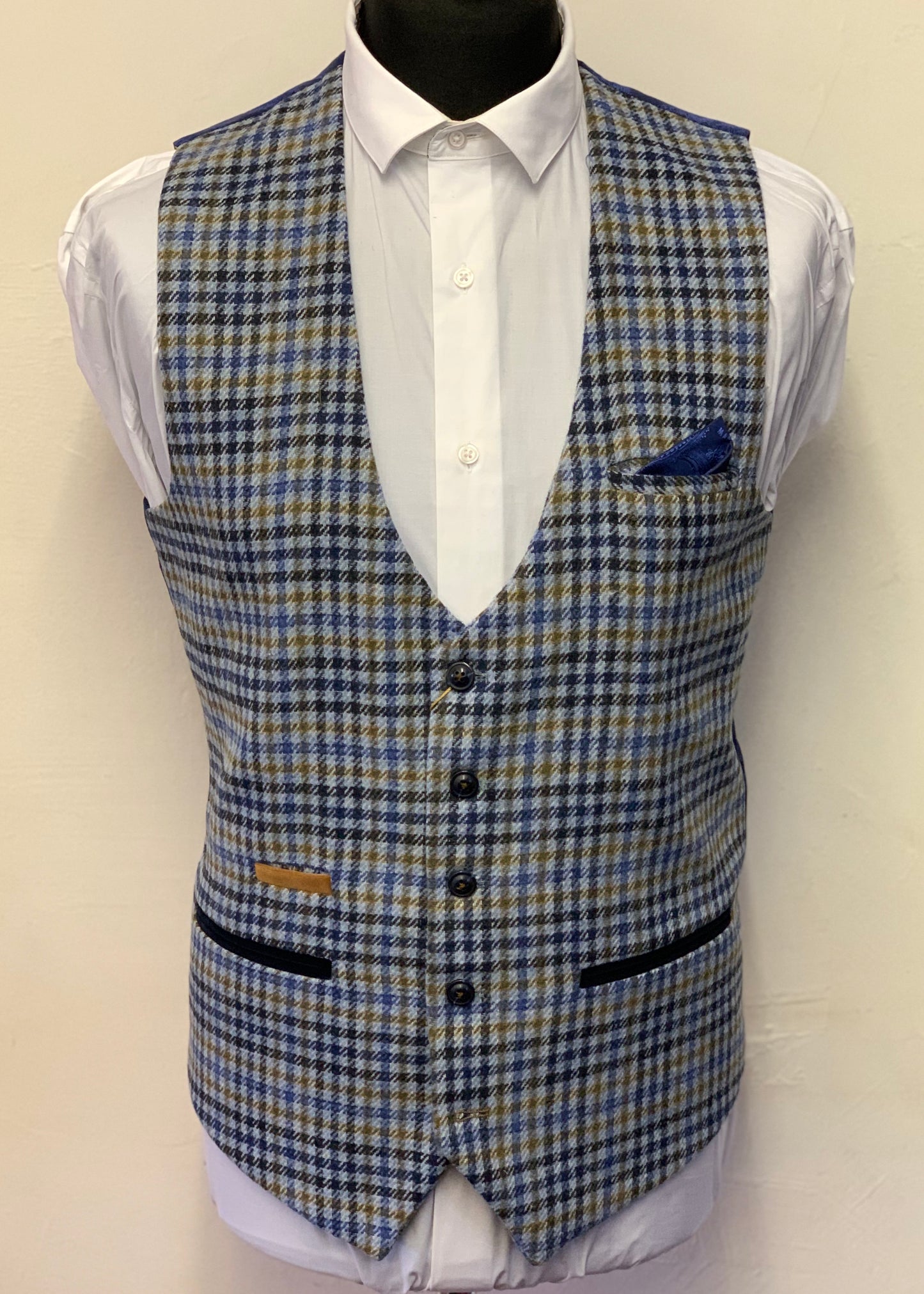 Marc Darcy Watson Blue Tweed Checked Waistcoat