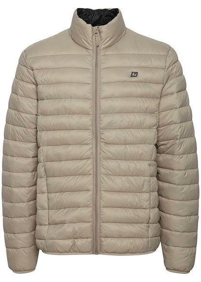 Stone coloured puffa jacket for men, showing front details. 