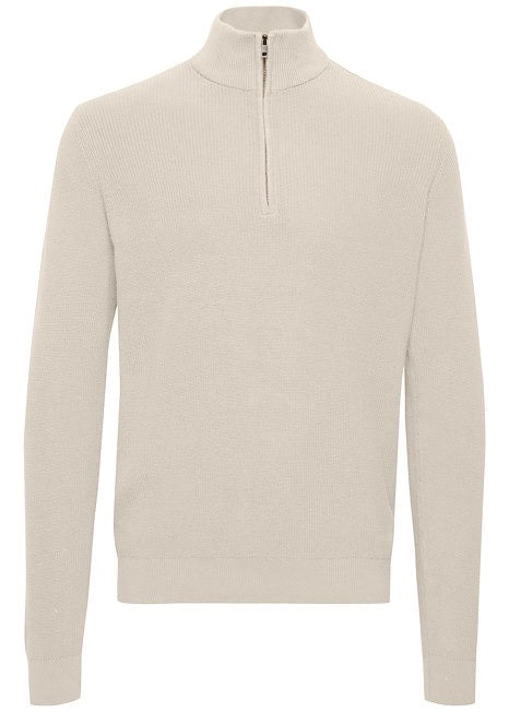Men's Jumper in cream with a half-zip neckline. Front view.