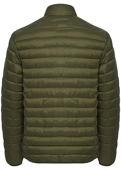 Forest green puffa jacket for men, showing back details.