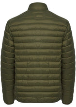Load image into Gallery viewer, Forest green puffa jacket for men, showing back details.
