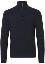 Load image into Gallery viewer, Slim fit jumper for men with a quarter-zip neckline in navy, showing front details.
