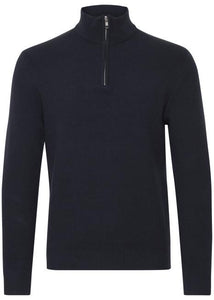 Slim fit jumper for men with a quarter-zip neckline in navy, showing front details.