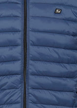 Load image into Gallery viewer, True blue men&#39;s puffa jacket with hood, showing close up detail.
