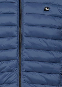True blue men's puffa jacket with hood, showing close up detail.