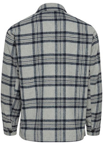 Grey jacket for men with check of dark grey view of back.