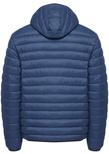 True blue men's puffa jacket, showing reverse.