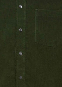 Corduroy shirt in green, showing close up details. 