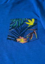 Load image into Gallery viewer, Close up of true blue men&#39;s short sleeve t-shirt with colourful summer pattern left chest pocket detail.
