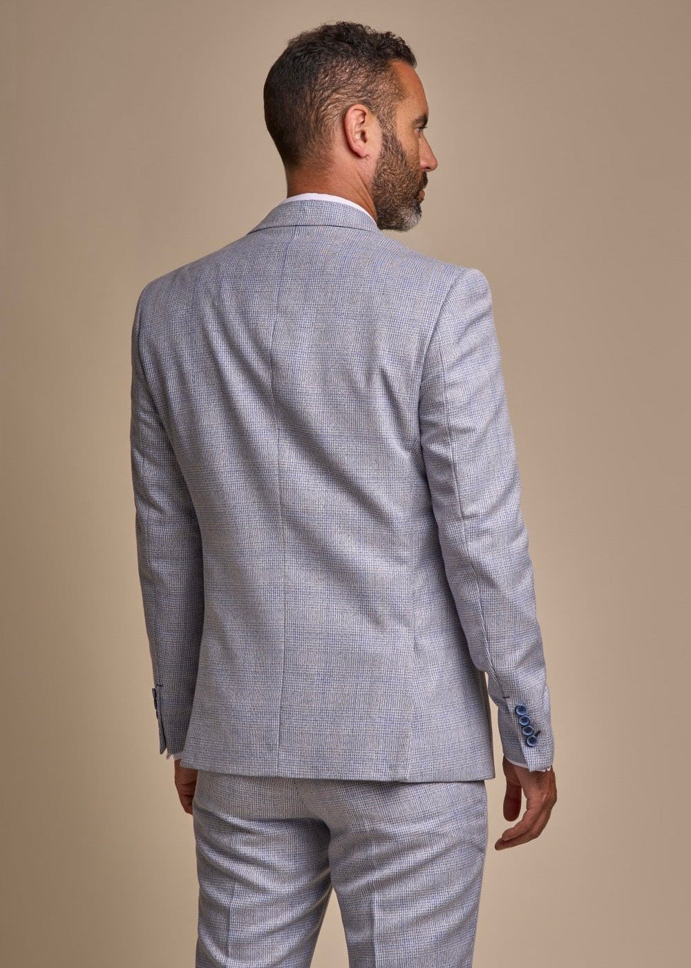 Caridi sky suit for men, showing reverse of sky men's suit jacket.