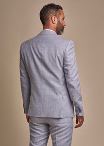Caridi sky suit for men, showing reverse of sky men's suit jacket.