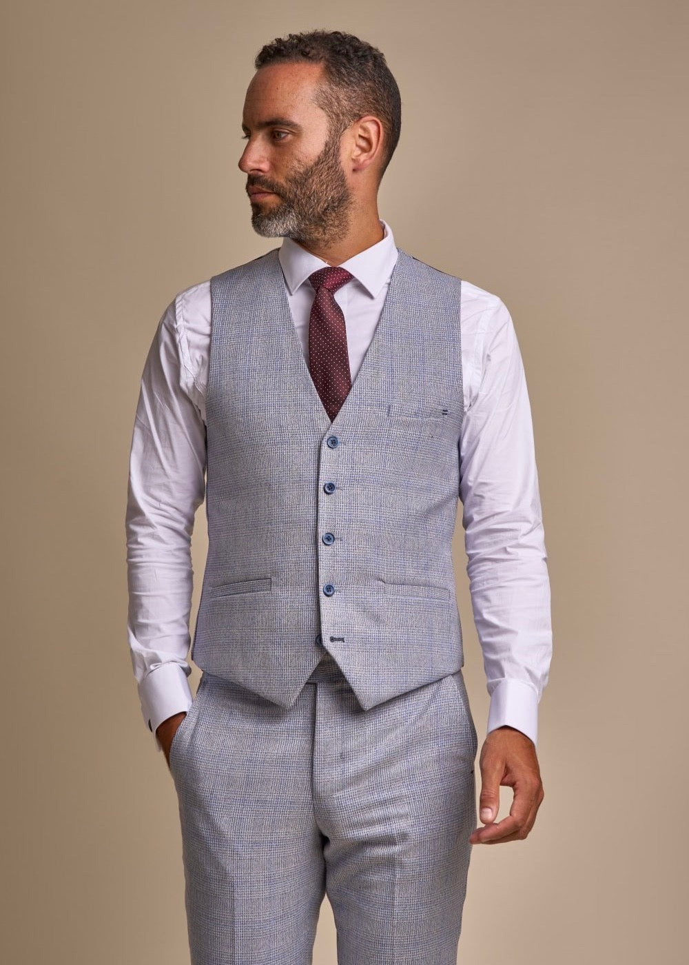 Caridi sky suit for men, showing front of waistcoat.