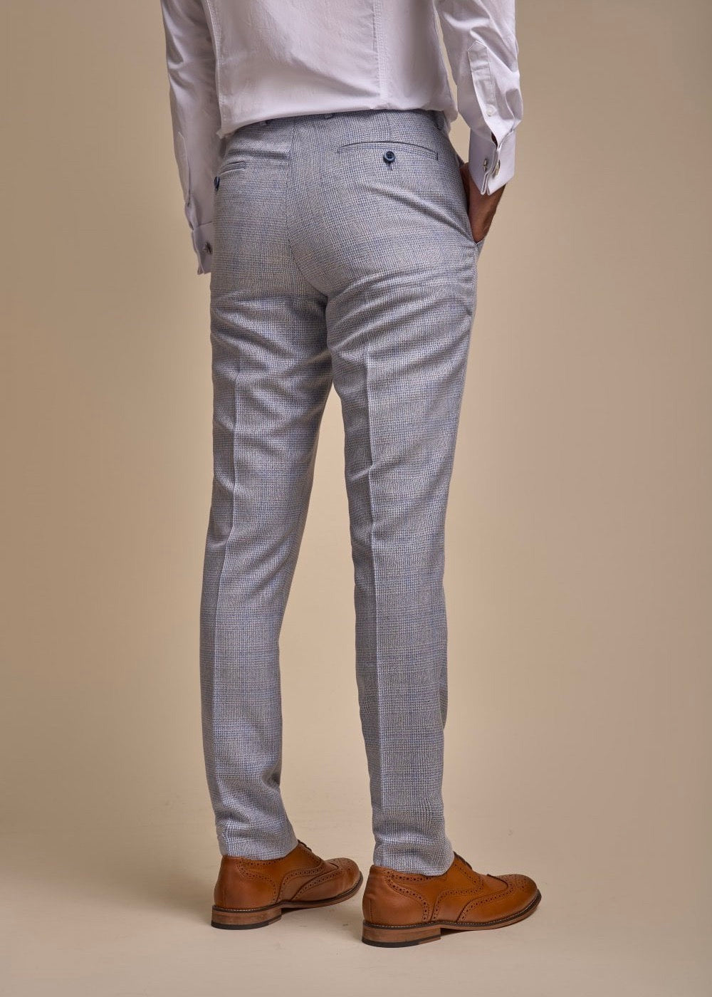 Caridi sky suit for men showing reverse of suit trousers.