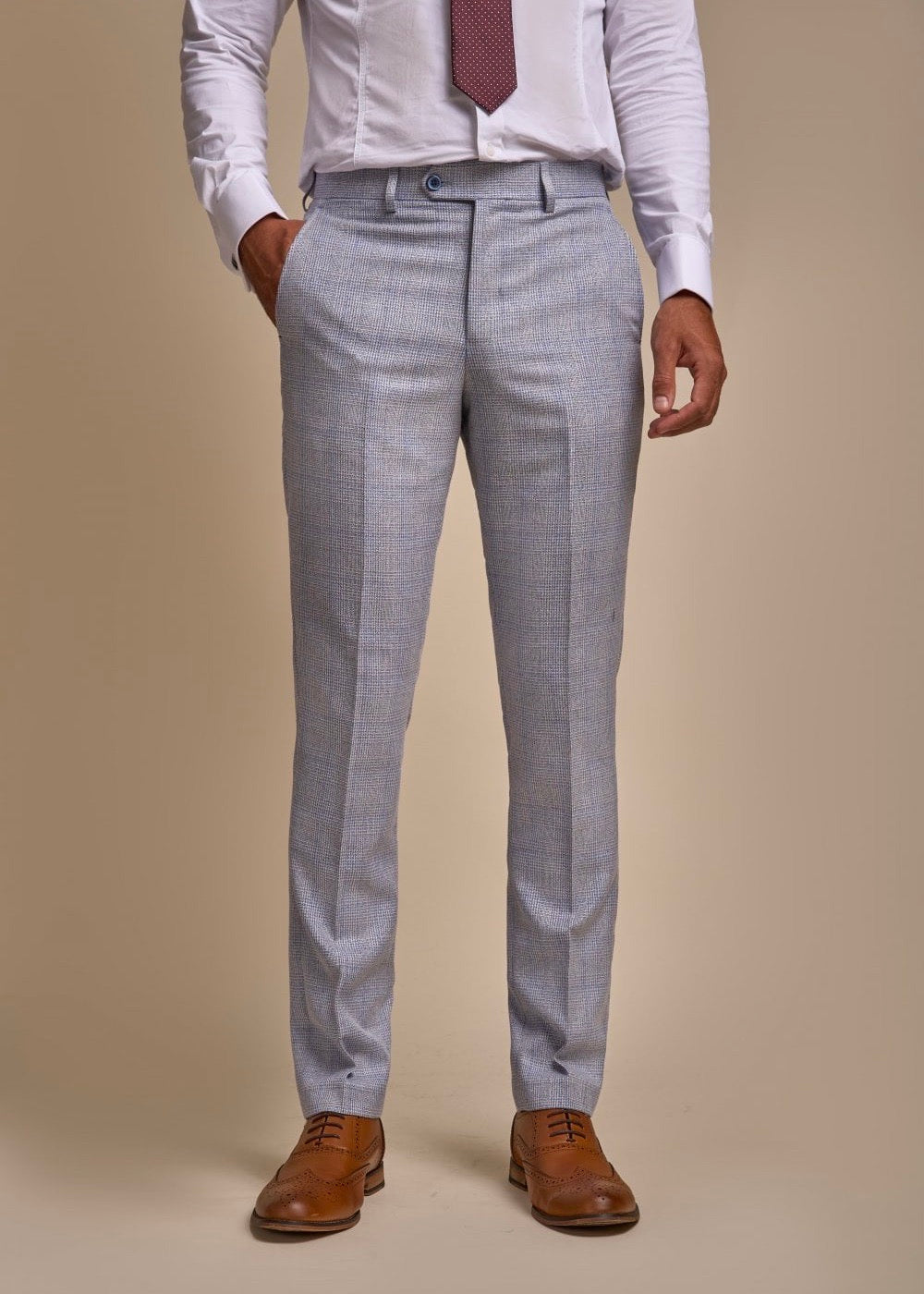 Caridi sky suit for men showing front of suit trousers.