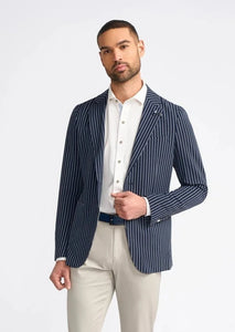 Men's navy blazer with stripes, worn by model.