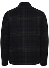 Load image into Gallery viewer, Black jacket for men with checked design of dark blue and green focus on back of jacket.
