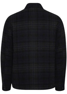 Black jacket for men with checked design of dark blue and green focus on back of jacket.