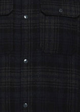 Load image into Gallery viewer, Close up on fabric of Black jacket for men with checked design of dark blue and green.
