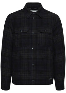Black jacket for men with checked design of dark blue and green.