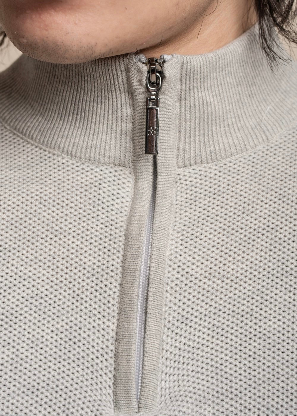 Quarter-Zip Waffle Men's Light Grey Jumper view of close up details of zip.