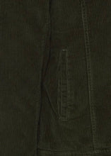 Load image into Gallery viewer, Dark green jacket for men with wool collar close up on fabric.
