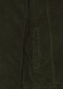 Dark green jacket for men with wool collar close up on fabric.