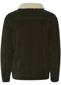 Dark green jacket for men with wool collar showing back.