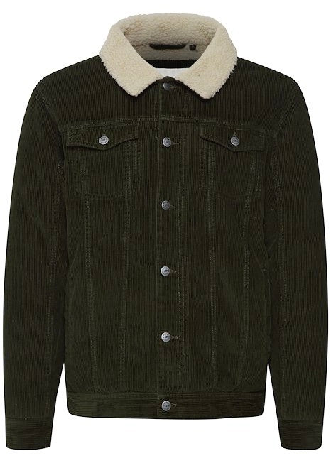 Dark green jacket for men with wool collar.