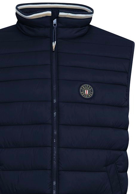 Navy blue men's gilet, showing logo.