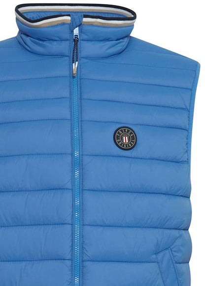 Light blue men's gilet, showing close up details including logo.