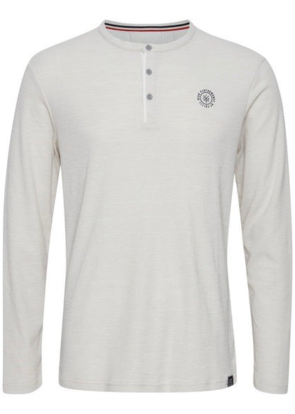 Grandad collar long sleeve tee in chalk, showing front details. 