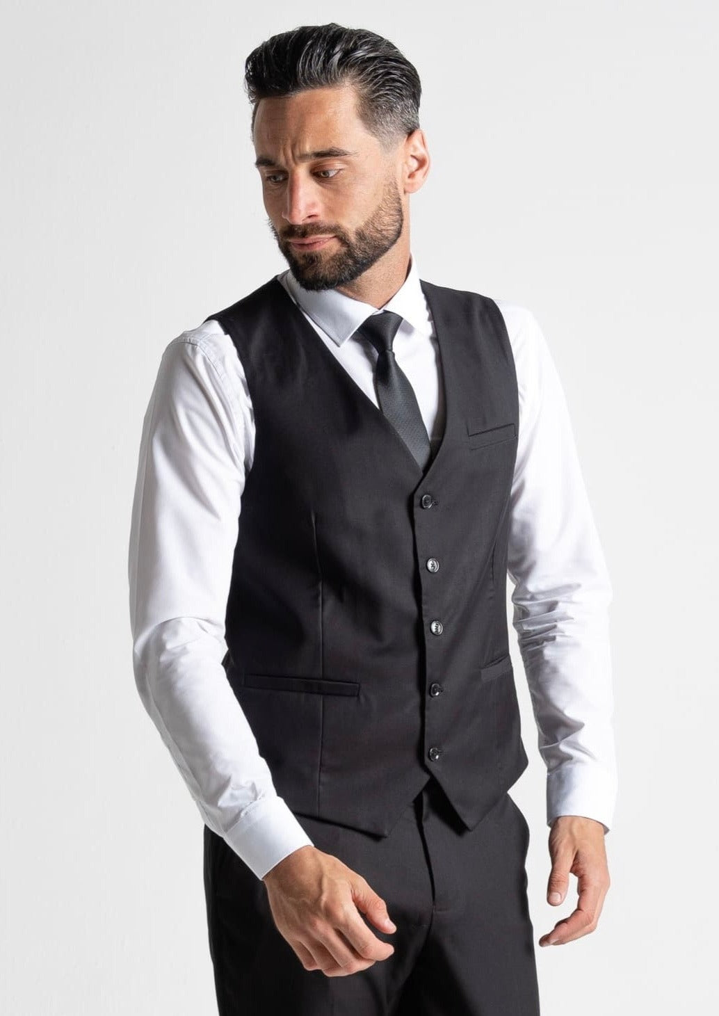 Haris black waistcoat, showing front details. 