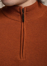 Load image into Gallery viewer, Half zip men&#39;s jumper in amber colour, showing details.
