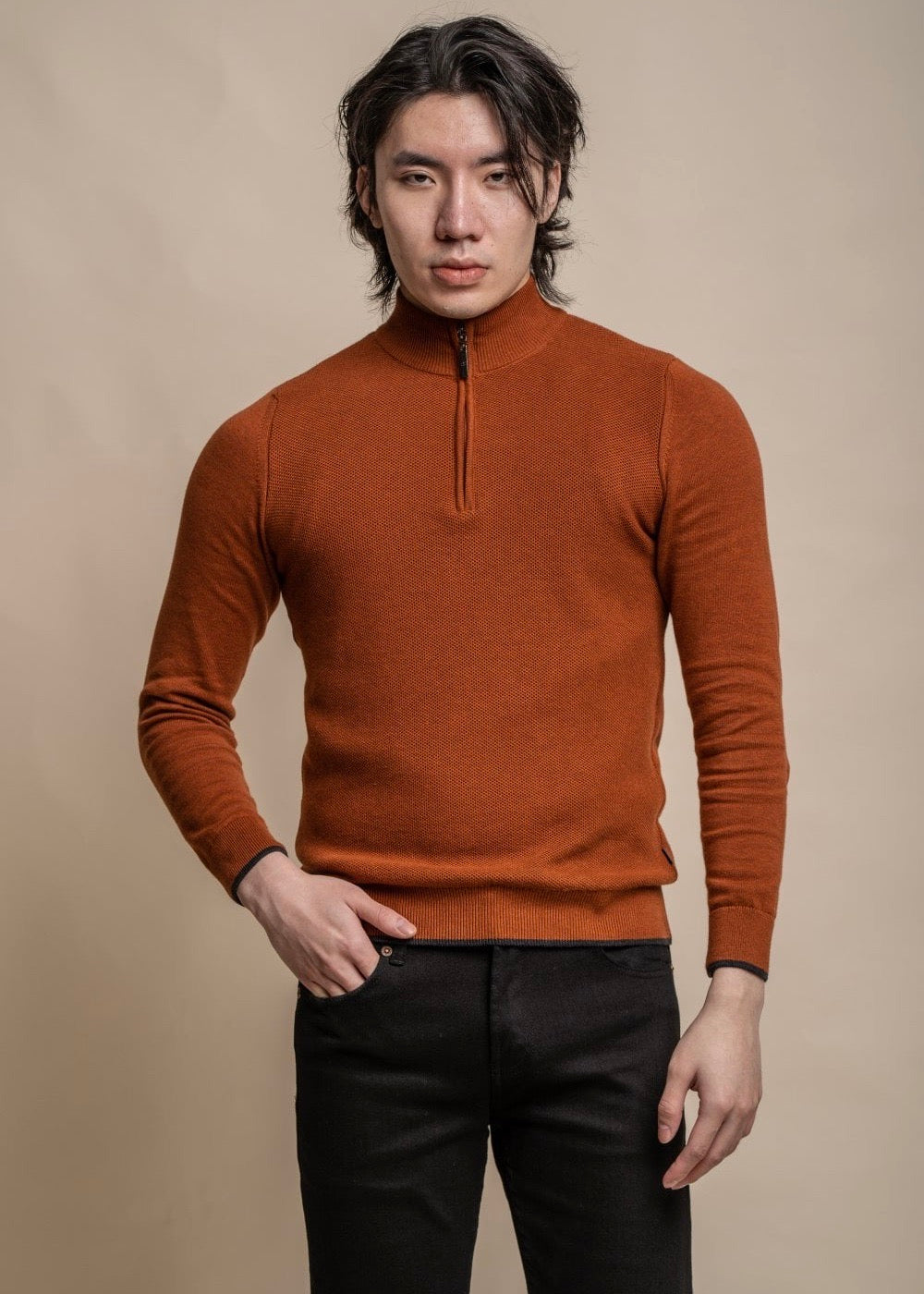 Half zip men's jumper in amber colour, showing front.
