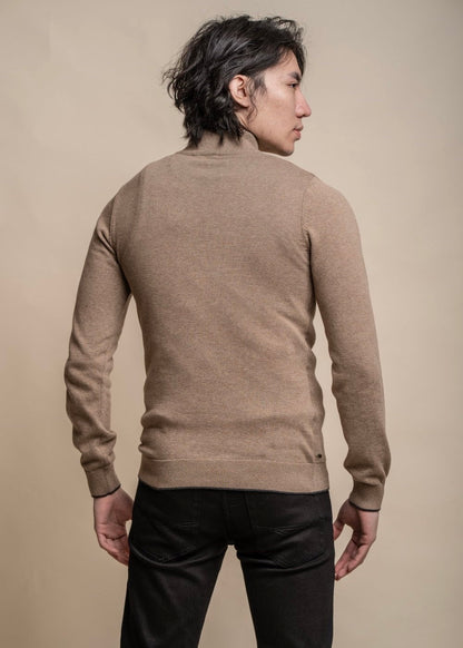 Fawn colour knitted jumper for men with half-zip, showing reverse.