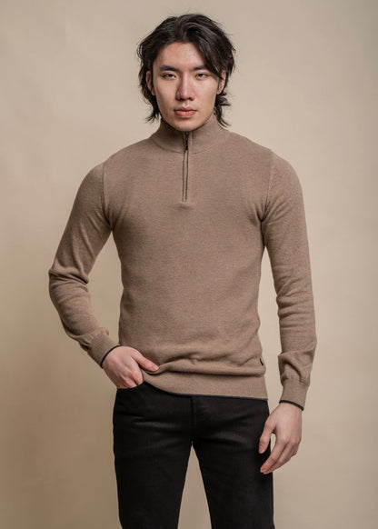 Fawn colour knitted jumper for men with half-zip, showing front.