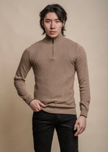 Load image into Gallery viewer, Fawn colour knitted jumper for men with half-zip, showing front.
