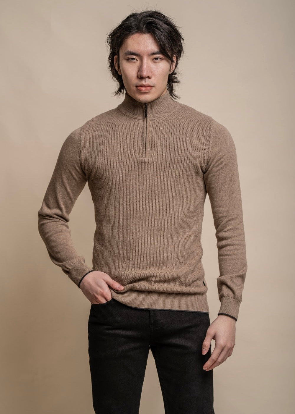 Fawn colour knitted jumper for men with half-zip, showing front.