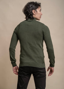 Forest colour knitted jumper for men with half-zip, showing reverse.